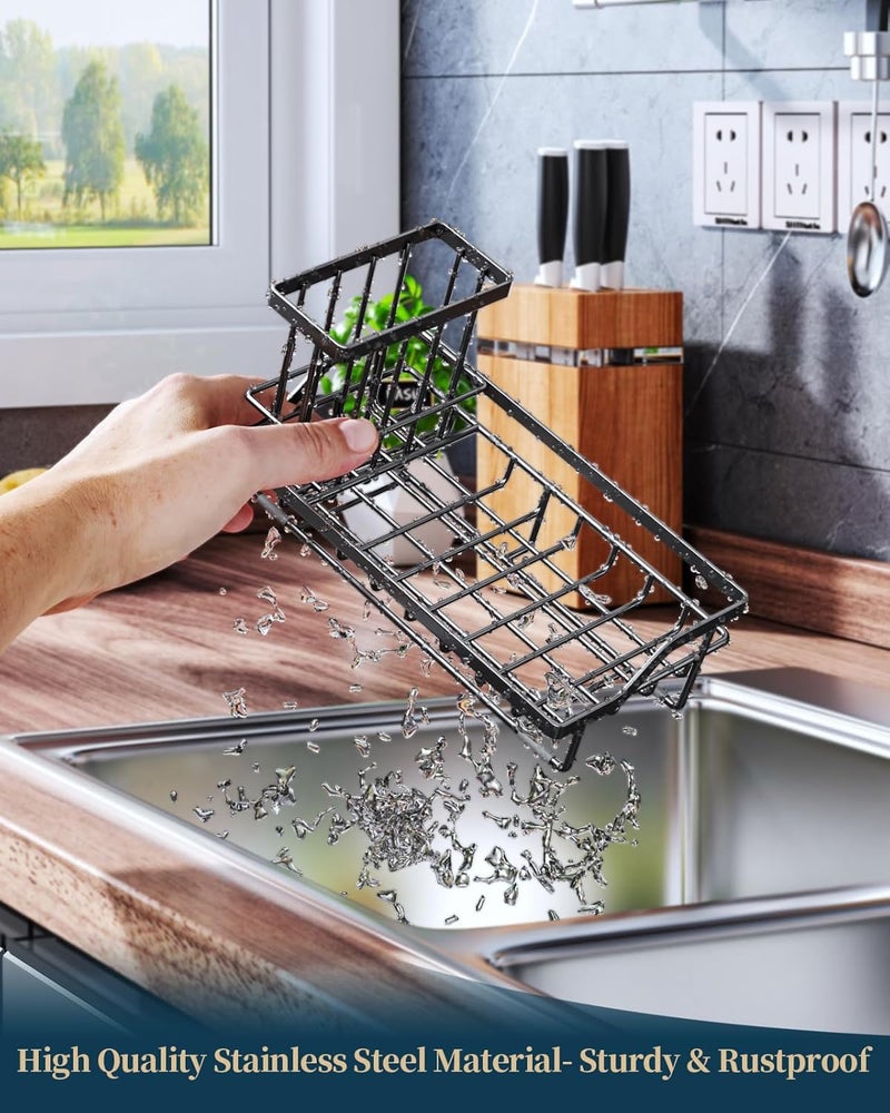 Consumest Sink Caddy, Kitchen Sponge Holder with Dish Brush Holder, Kitchen Sink Organizer with Drip Tray for Countertop Stainless Steel Rustproof, Black-Large - Image 5